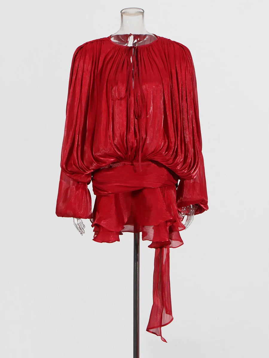 TWOTWINSTYLE Elegant Ruched Mini Dress For Women Round Neck Lantern Long Sleeve High Waist Temperament Dresses Female Fashion