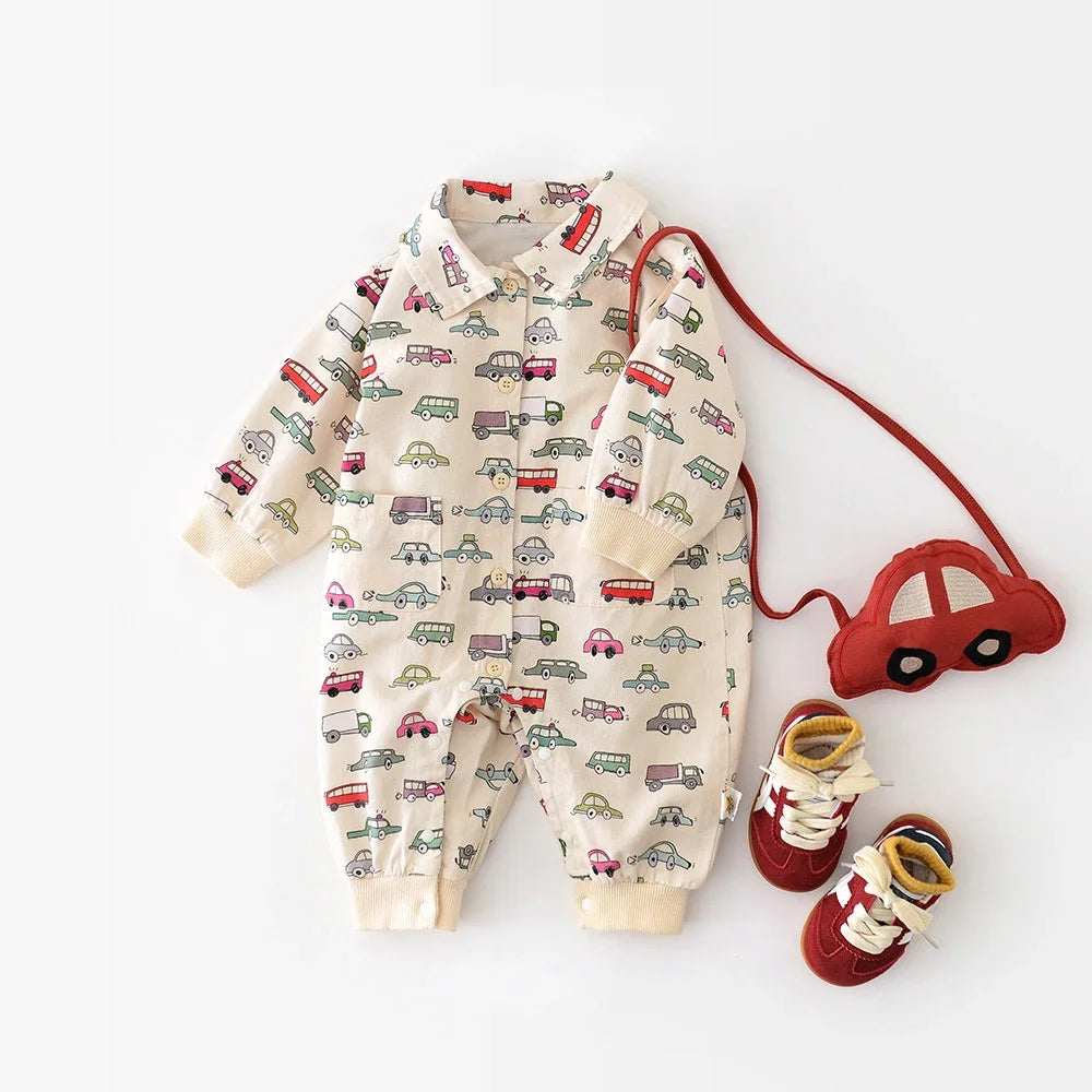 Autumn New Baby Boys Clothes Full Of Car Print Infant Jumpsuits Toddler Playsuit Infant Outfit