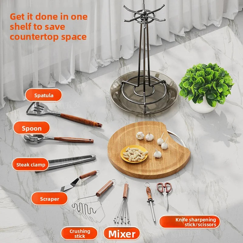 The kitchen rotating spatula rack is upgraded and thickened, and the storage rack with water tray is smoothly enlarged