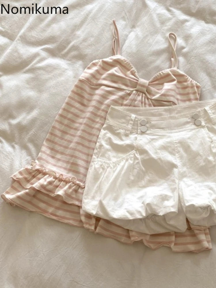 Japanese Sweet Vest Women Clothing Vintage Striped Sleeveless Tees Fashion Summer Camis Ruffles Slim Fit Vintage Tank Ropa Mujer