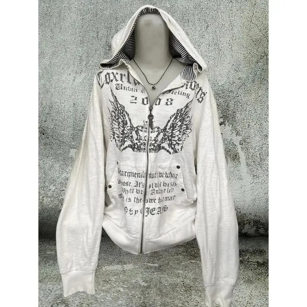 Vintage Sweatshirts 2025 Women's Clothes White Print Tunic Hooded Y2k Coat Streetwear Fashion Casual Hoodies Tops Ropa Mujer