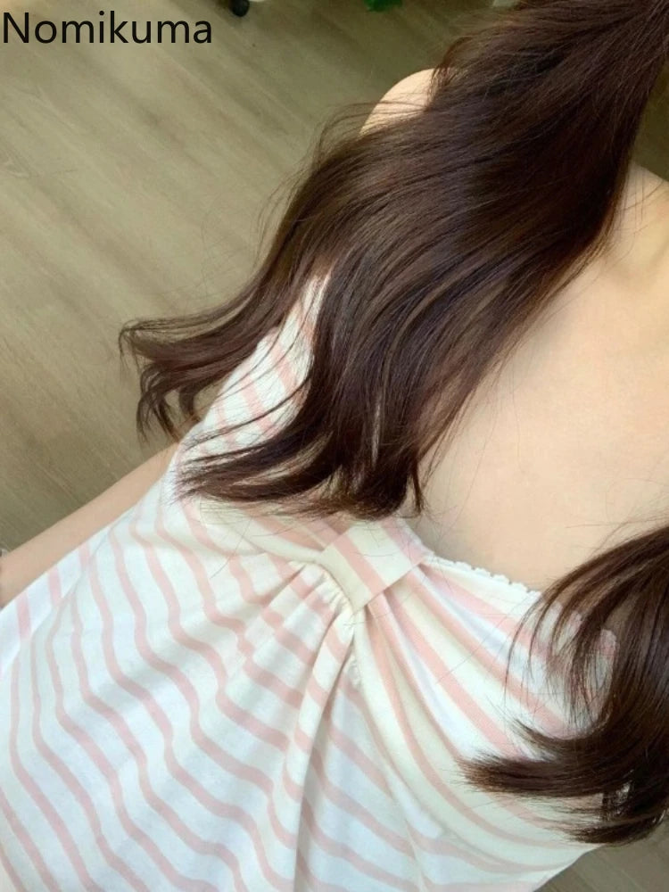 Japanese Sweet Vest Women Clothing Vintage Striped Sleeveless Tees Fashion Summer Camis Ruffles Slim Fit Vintage Tank Ropa Mujer