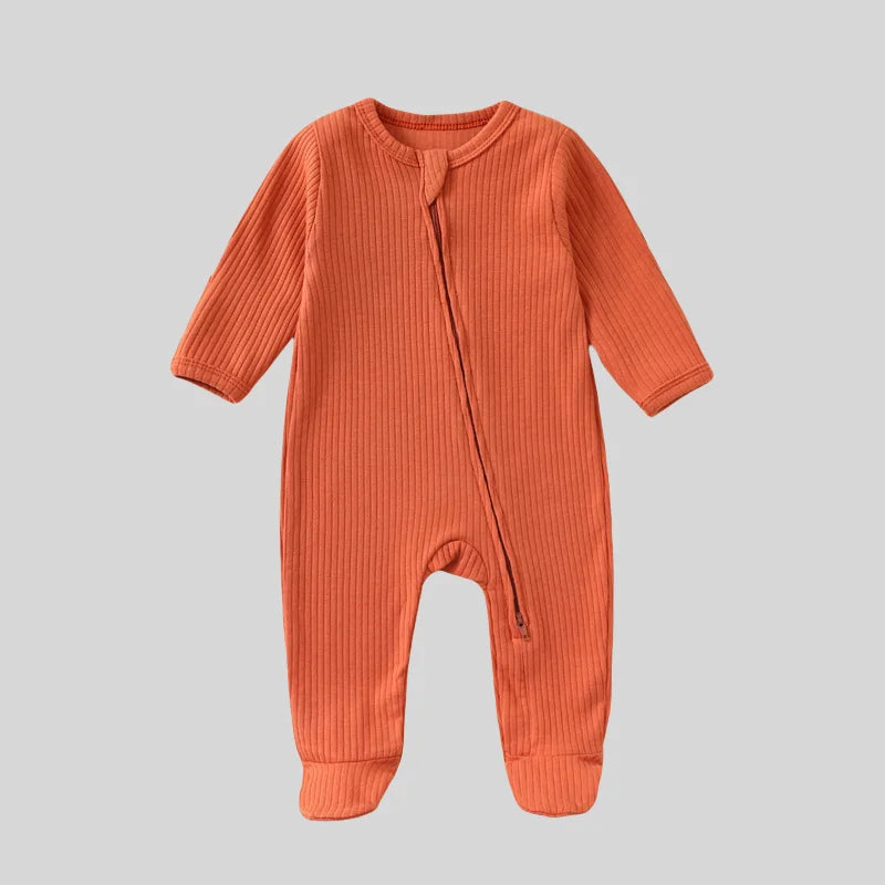 Autumn Zipper Baby Onesie Ribbed Knit Footed Romper Long Sleeve Solid Color Jumpsuit for 0-12M Newborn Infant Outfits