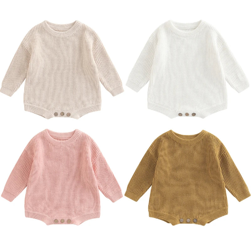 Newborn Baby Girl Boy Autumn Winter Clothes Solid Color Knit Long Sleeve Sweater Rompers Jumpsuit Casual New born Warm Outfits