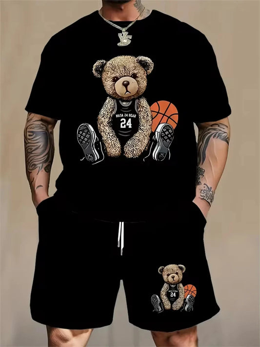 2025 Summer Daily Casual Men's Set Outdoor Sports Men's Beach Shorts Urban Fashion Bear Print Men's Short Sleeve T-shirt Lightwe
