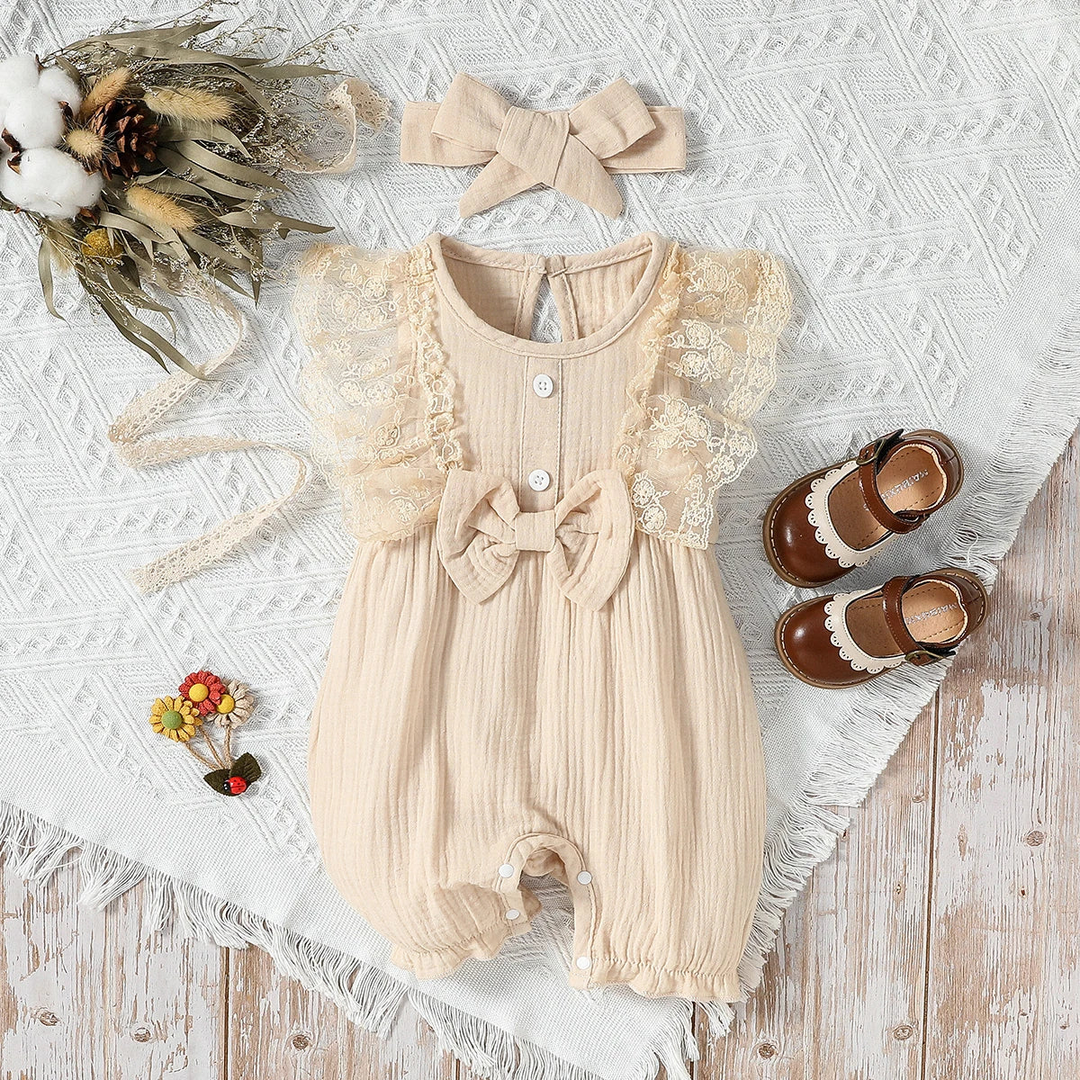 3-24M 2024 Baby girl Cotton Soft cute casual sleeveless summer jumpsuit With Bow +Headband
