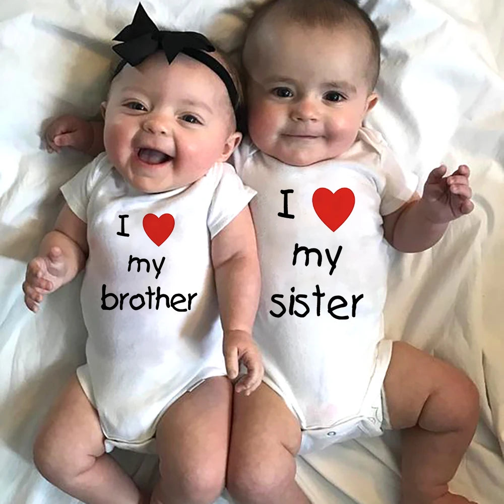 I Love My Sister Brother Twins Baby Short Sleeve Bodysuit Newborn Baby Boys Girls Infant Summer Romper Clothes Jumpsuit Gifts