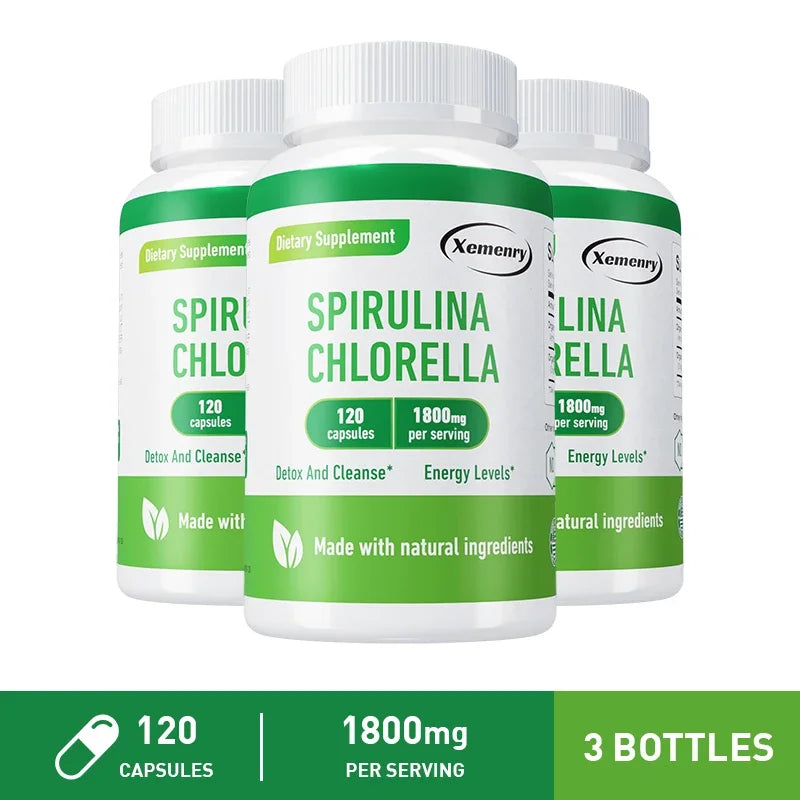 Spirulina Chlorella Capsules - Natural Energy and Glucose Control, Detoxification, Antioxidant