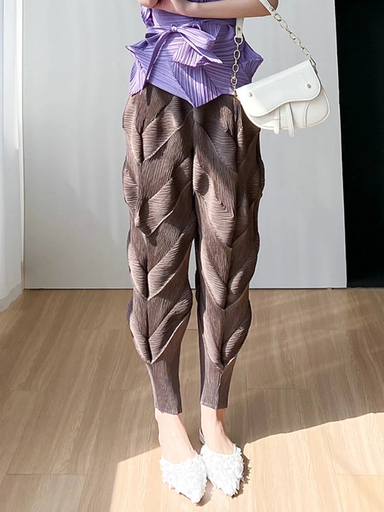 Miyake Pleated Pants Women Elastic Wiast 2023 New Summer Versatile Casual Pencil Trousers Solid Color Female Fashion  Pants