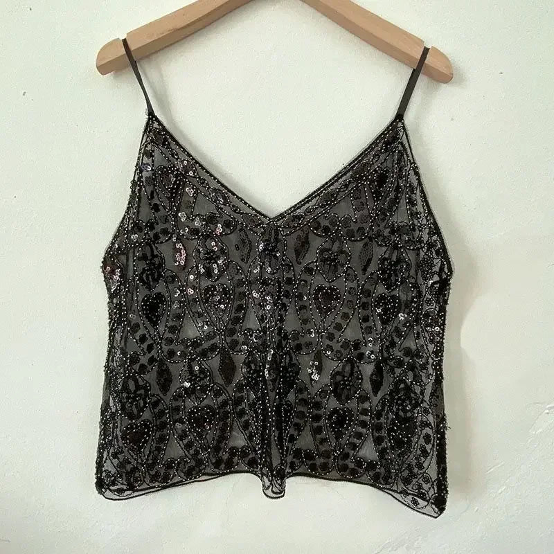 2025 Women's Summer High Quality Sequin Bead Sexy Sling Slim Fit Short V-neck Straight Tank Top Korean Fashion Clothing