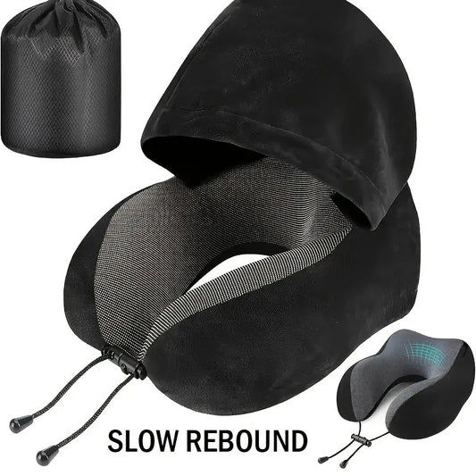 Memory Foam Hooded U-Shaped Travel Pillow with Detachable Cover Portable Neck Support for Airplane Office Nap Car and Home Use