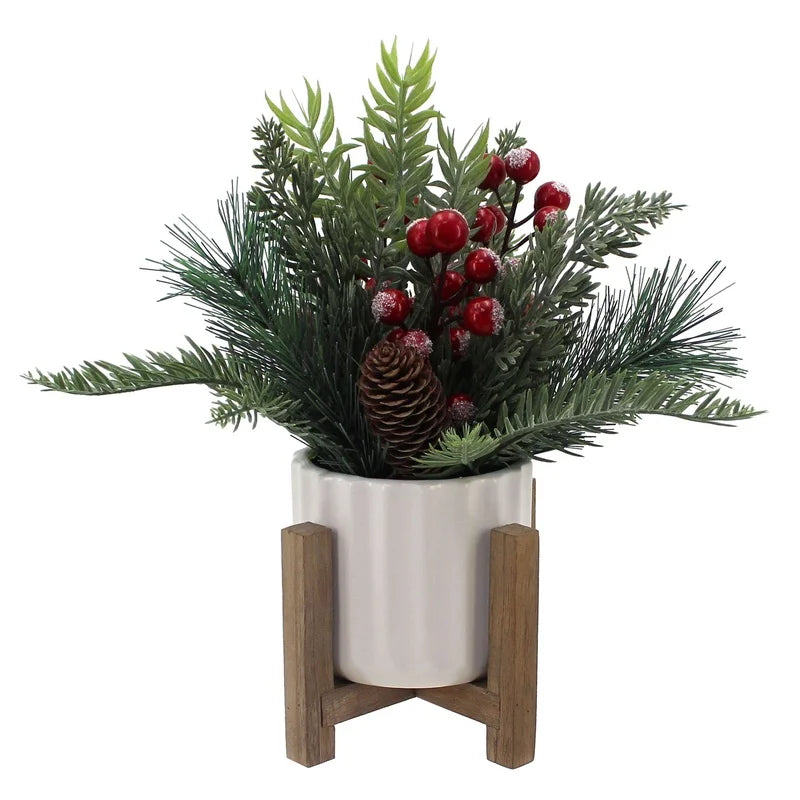11" Artificial Christmas Tabletop Tree Red Berries Pine White Ceramic Planter Wooden Stand Holiday Home Decoration Indoor Use