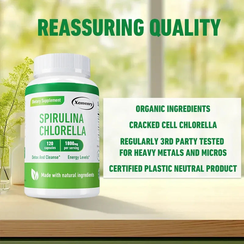Spirulina Chlorella Capsules - Natural Energy and Glucose Control, Detoxification, Antioxidant