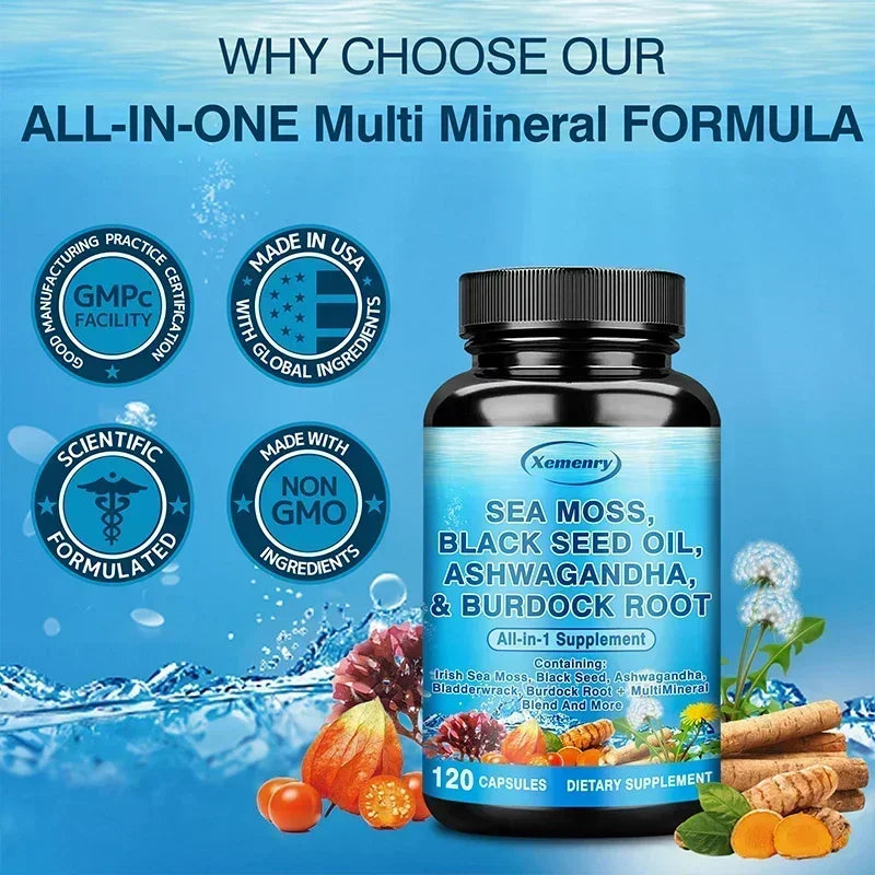 Sea Moss, Black Seed Oil, Ashwagandha & Burdock Root - Supports Bone, Joint & Digestive Health, Boosts Natural Energy, Immunity