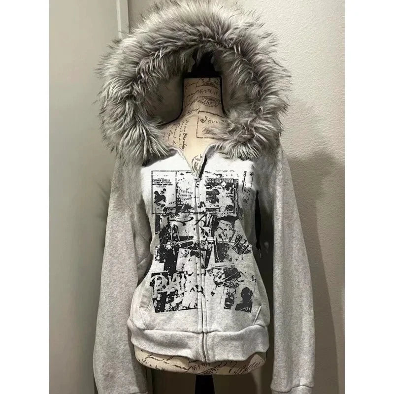 Vintage Sweatshirts 2025 Women's Clothes White Print Tunic Hooded Y2k Coat Streetwear Fashion Casual Hoodies Tops Ropa Mujer