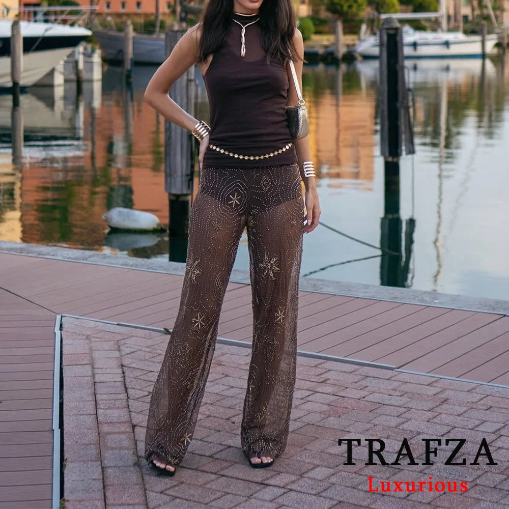 TRAFZA Sexy Chic Women Transparent Pants Sequins Straight Wide Leg Pants Fashion 2025 Spring Summer Holiday Party Trousers
