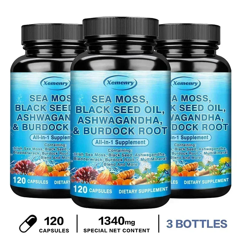 Sea Moss, Black Seed Oil, Ashwagandha & Burdock Root - Supports Bone, Joint & Digestive Health, Boosts Natural Energy, Immunity