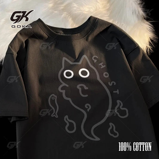 Ghost Cat Loose Short Sleeved T-shirt For Unisex Original Japanese Fashion Brand Couple Pure Cotton Cat Transparent Ghost Cat