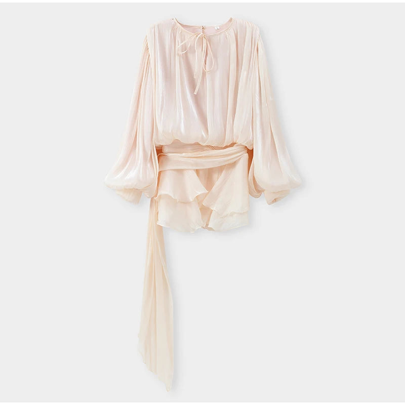 Elegant Ruched Mini Dress For Women Round Neck Lantern Long Sleeve High Waist Temperament Dresses Female Fashion 2025 CLOTHING