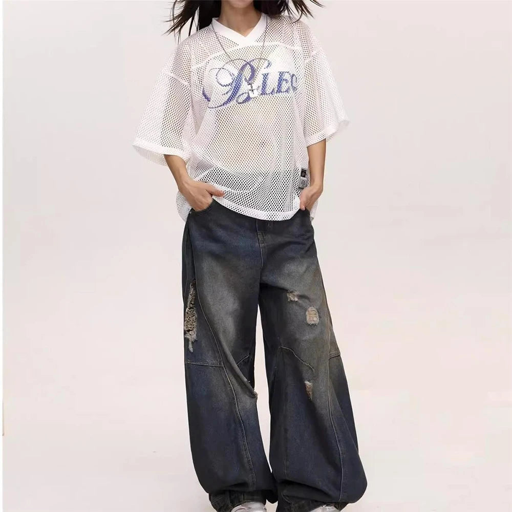 Y2k Hollow Mesh See-Through Outerwear T-Shirt Genderless Streetwear Fashion Youth Sexy V-Neck Jersey Top Couple Unisex 2025 New