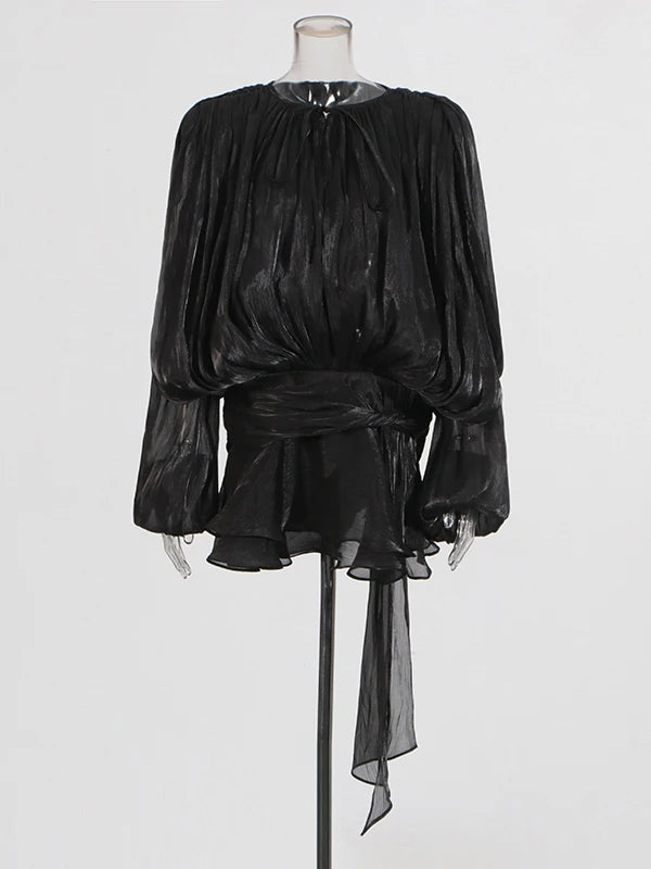 TWOTWINSTYLE Elegant Ruched Mini Dress For Women Round Neck Lantern Long Sleeve High Waist Temperament Dresses Female Fashion