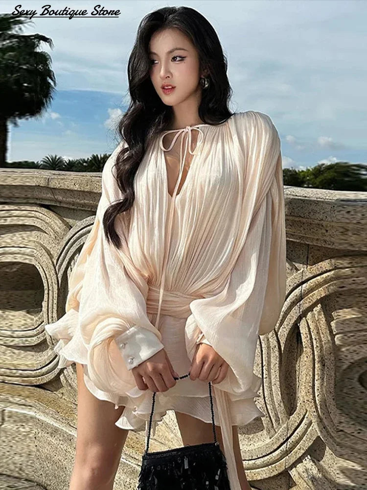 Elegant Ruched Mini Dress For Women Round Neck Lantern Long Sleeve High Waist Temperament Dresses Female Fashion 2025 CLOTHING