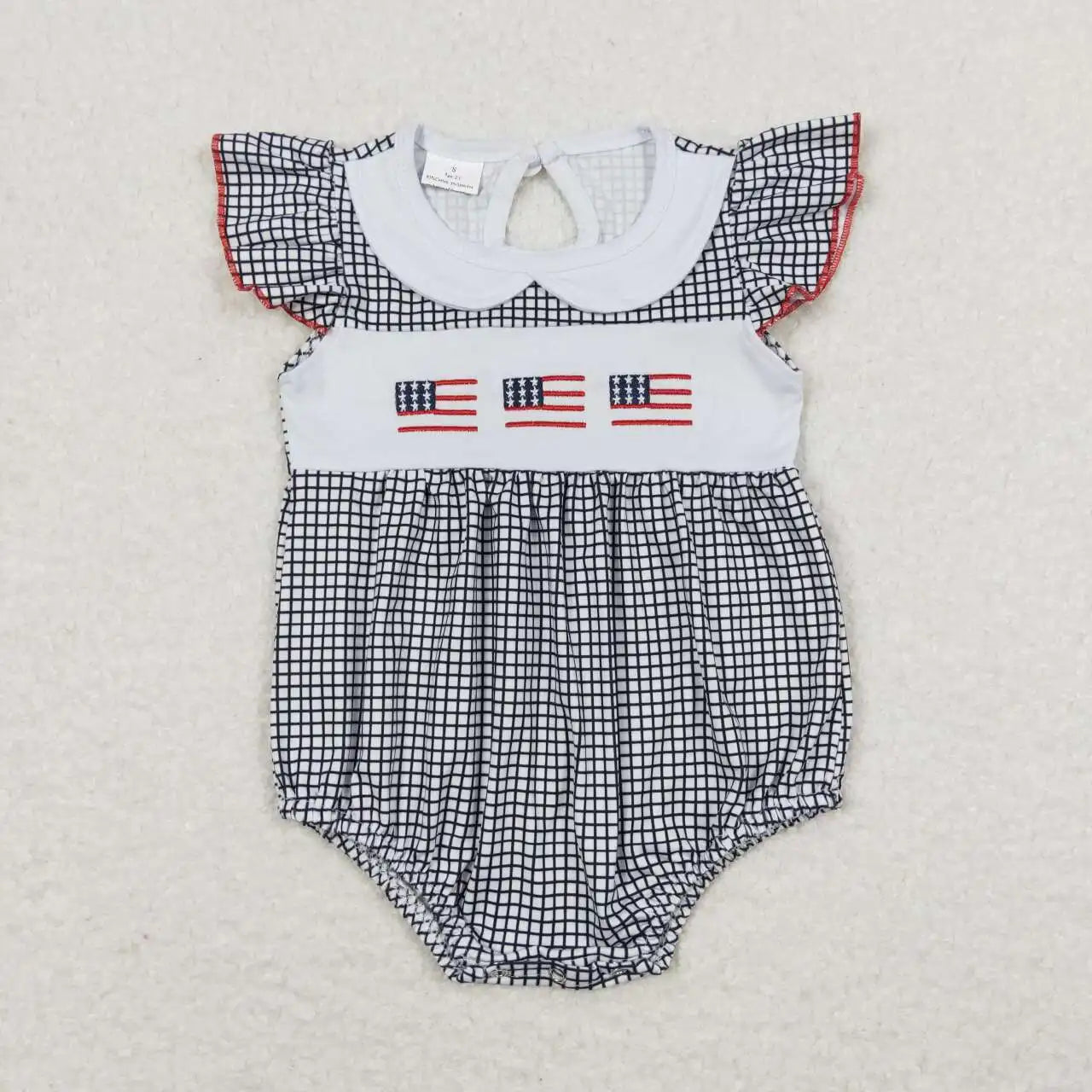 Wholesale Baby Girl Newborn Car Plane Romper Bubble Embroidery Blue Plaid Bow Jumpsuit Kid Toddler Summer One-piece Clothes
