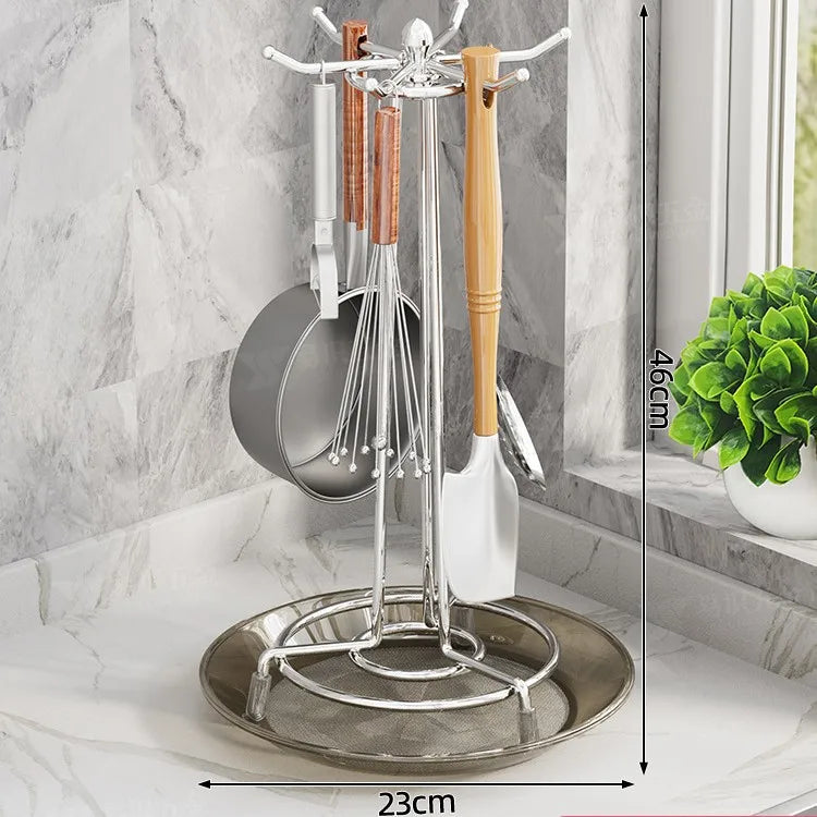 The kitchen rotating spatula rack is upgraded and thickened, and the storage rack with water tray is smoothly enlarged