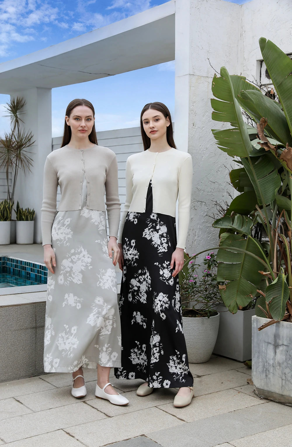 AP 2025 Spring and Summer Women Floral Printing Satin Slip Dress Knitting Cardigan Fashion