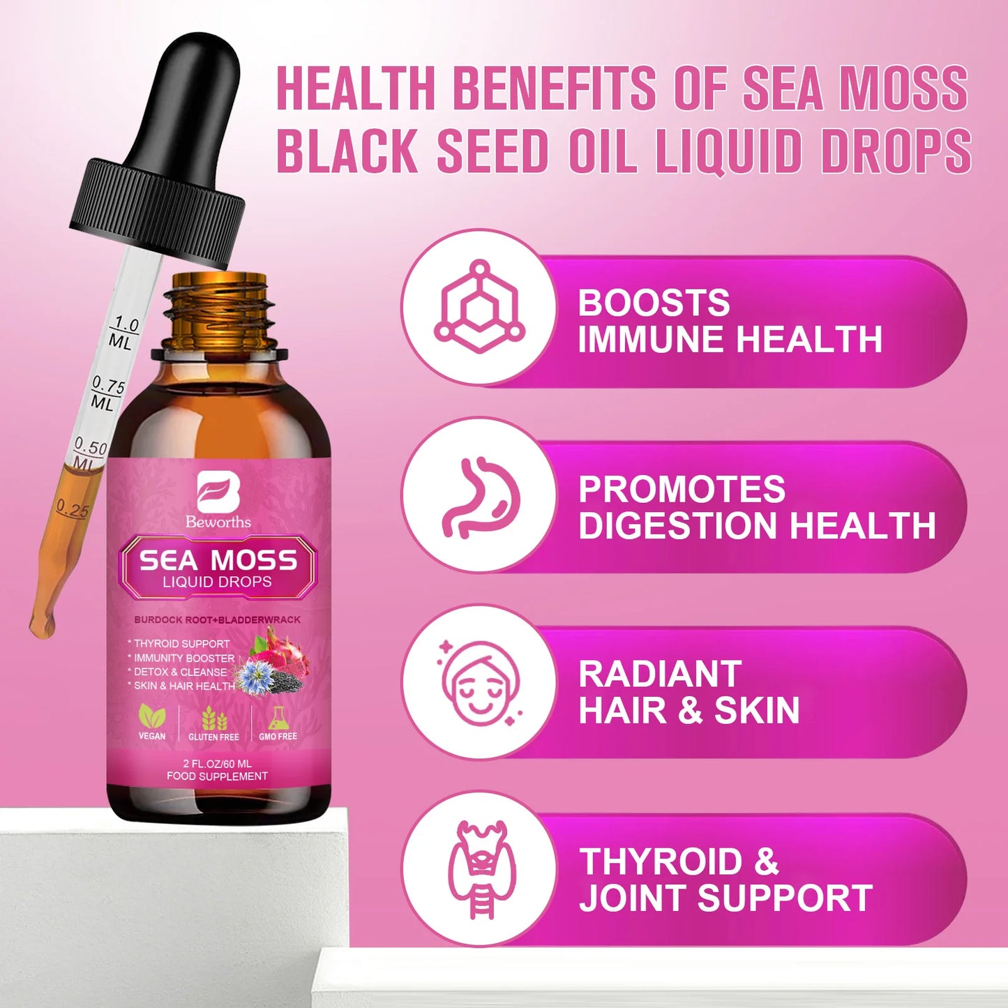 BEWORTHS Organic Black Seed Oil Sea Moss Extract Supplement Supports Immunity and Gut Digestive Health Radiant Hair & Skin