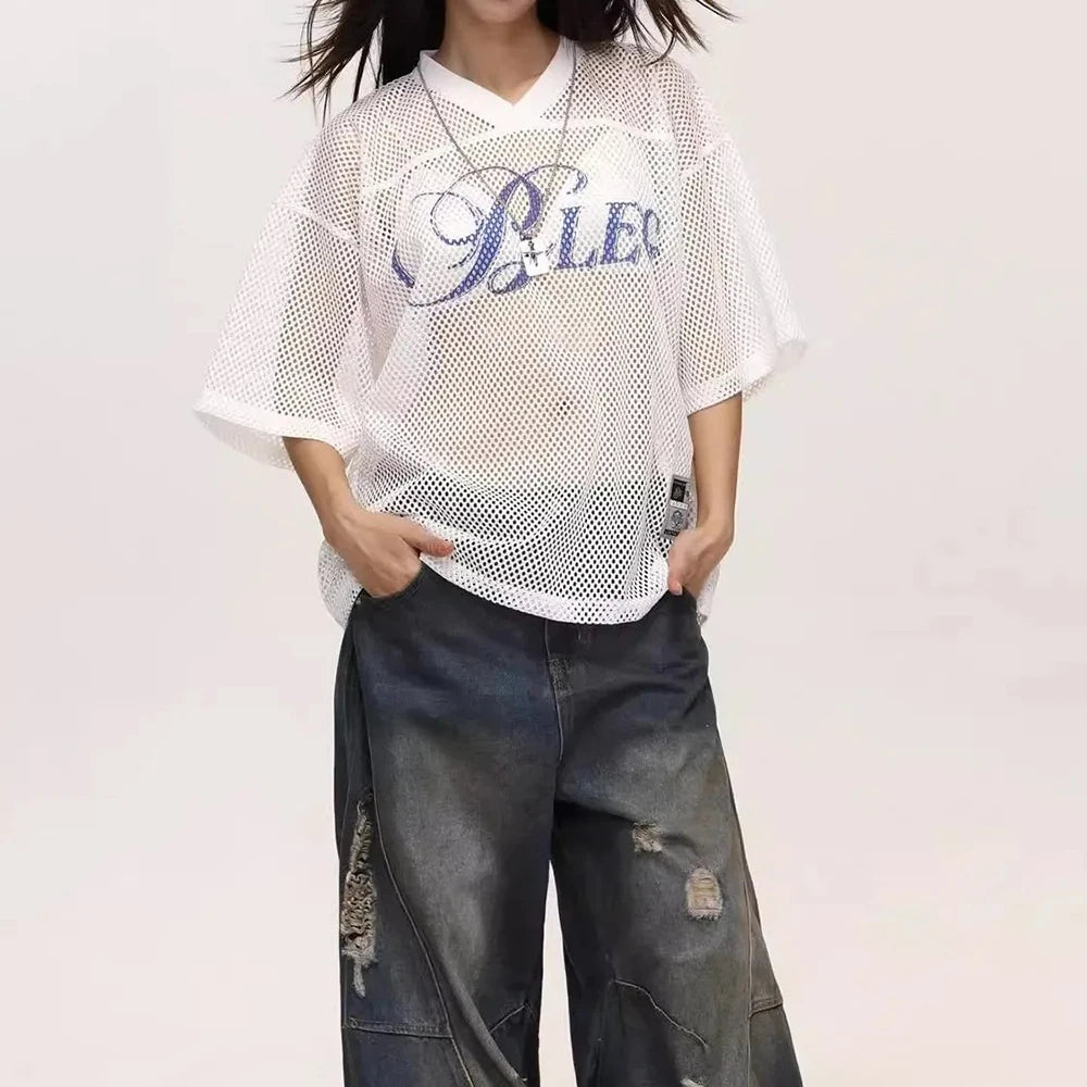 Y2k Hollow Mesh See-Through Outerwear T-Shirt Genderless Streetwear Fashion Youth Sexy V-Neck Jersey Top Couple Unisex 2025 New
