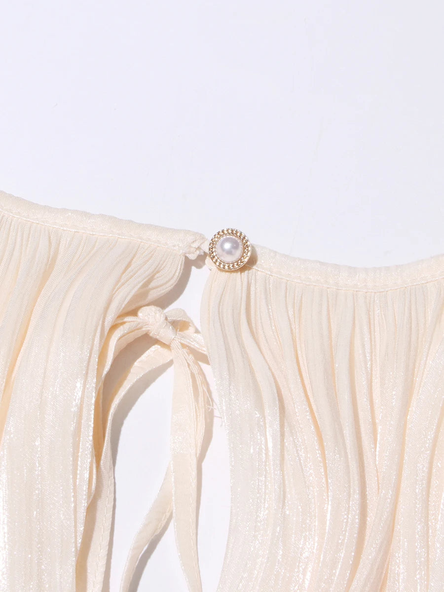 TWOTWINSTYLE Elegant Ruched Mini Dress For Women Round Neck Lantern Long Sleeve High Waist Temperament Dresses Female Fashion