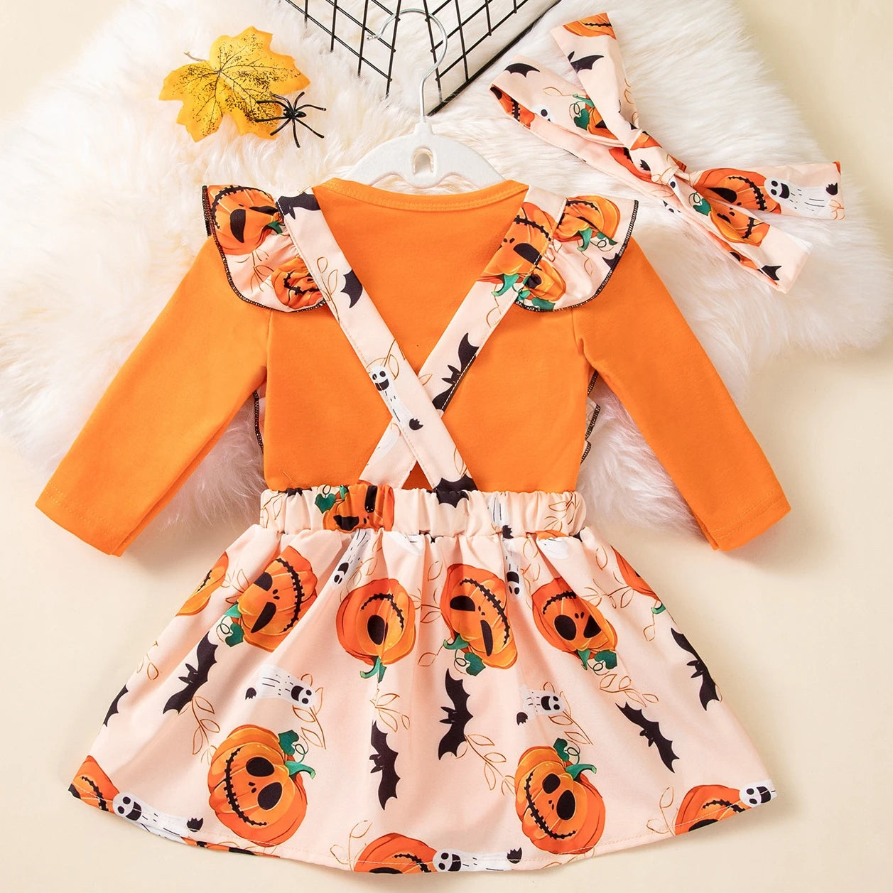 Pumpkin Infant Girl Halloween Dress Long Sleeves Orange Bodysuit Suspender Skirt with Double Bow Baby Girl My First Halloween