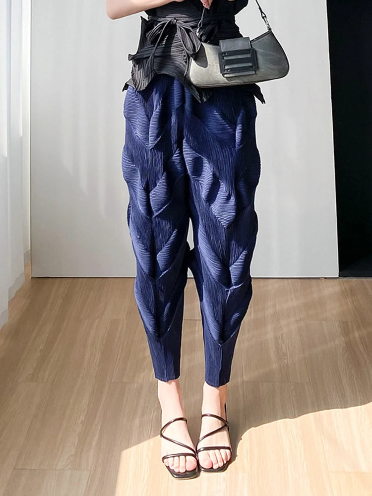Miyake Pleated Pants Women Elastic Wiast 2023 New Summer Versatile Casual Pencil Trousers Solid Color Female Fashion  Pants