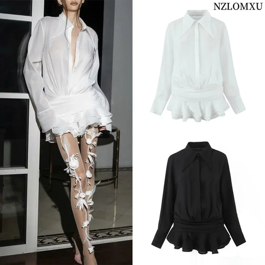Autumn New Product Women's Fashion Style Slimming Collar Long Sleeve Shirt Decoration Short Dress