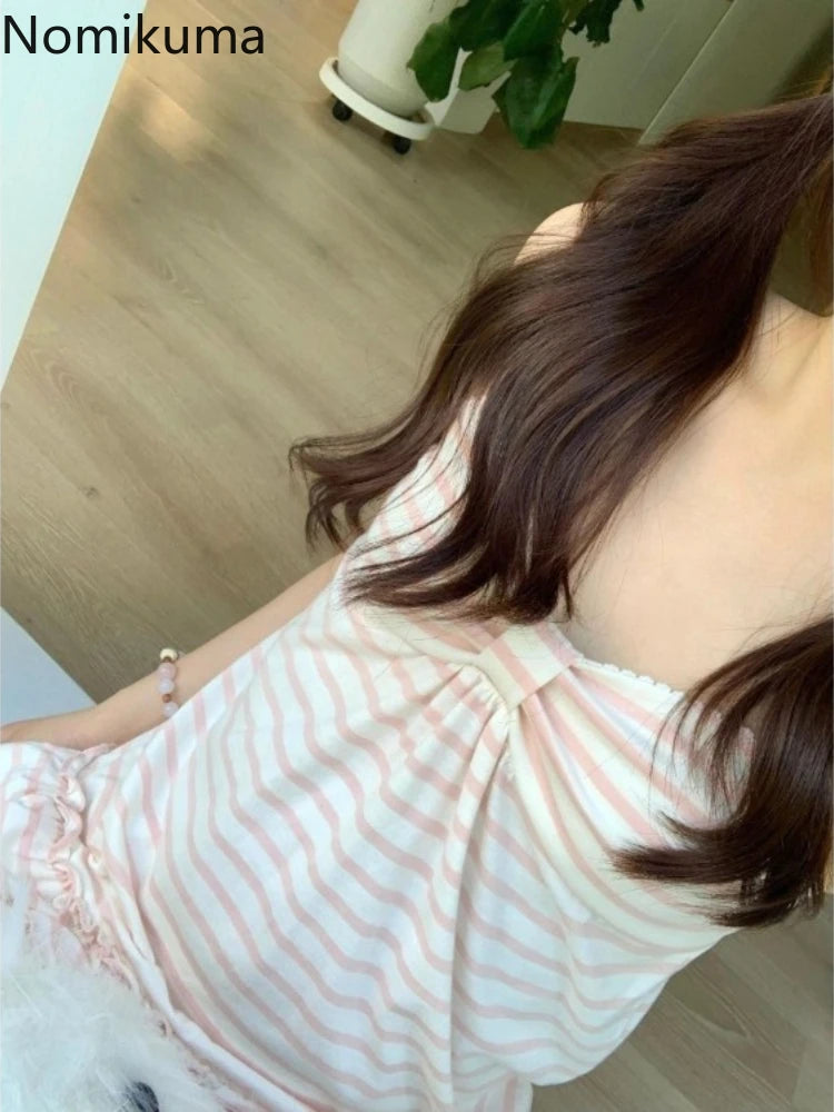 Japanese Sweet Vest Women Clothing Vintage Striped Sleeveless Tees Fashion Summer Camis Ruffles Slim Fit Vintage Tank Ropa Mujer