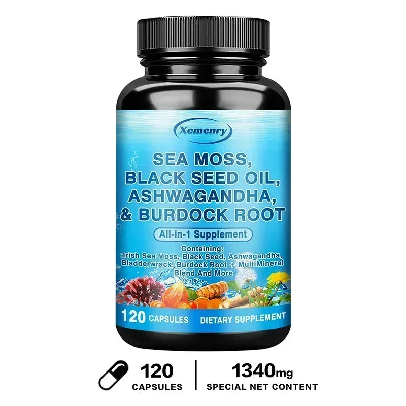 Sea Moss, Black Seed Oil, Ashwagandha & Burdock Root - Supports Bone, Joint & Digestive Health, Boosts Natural Energy, Immunity