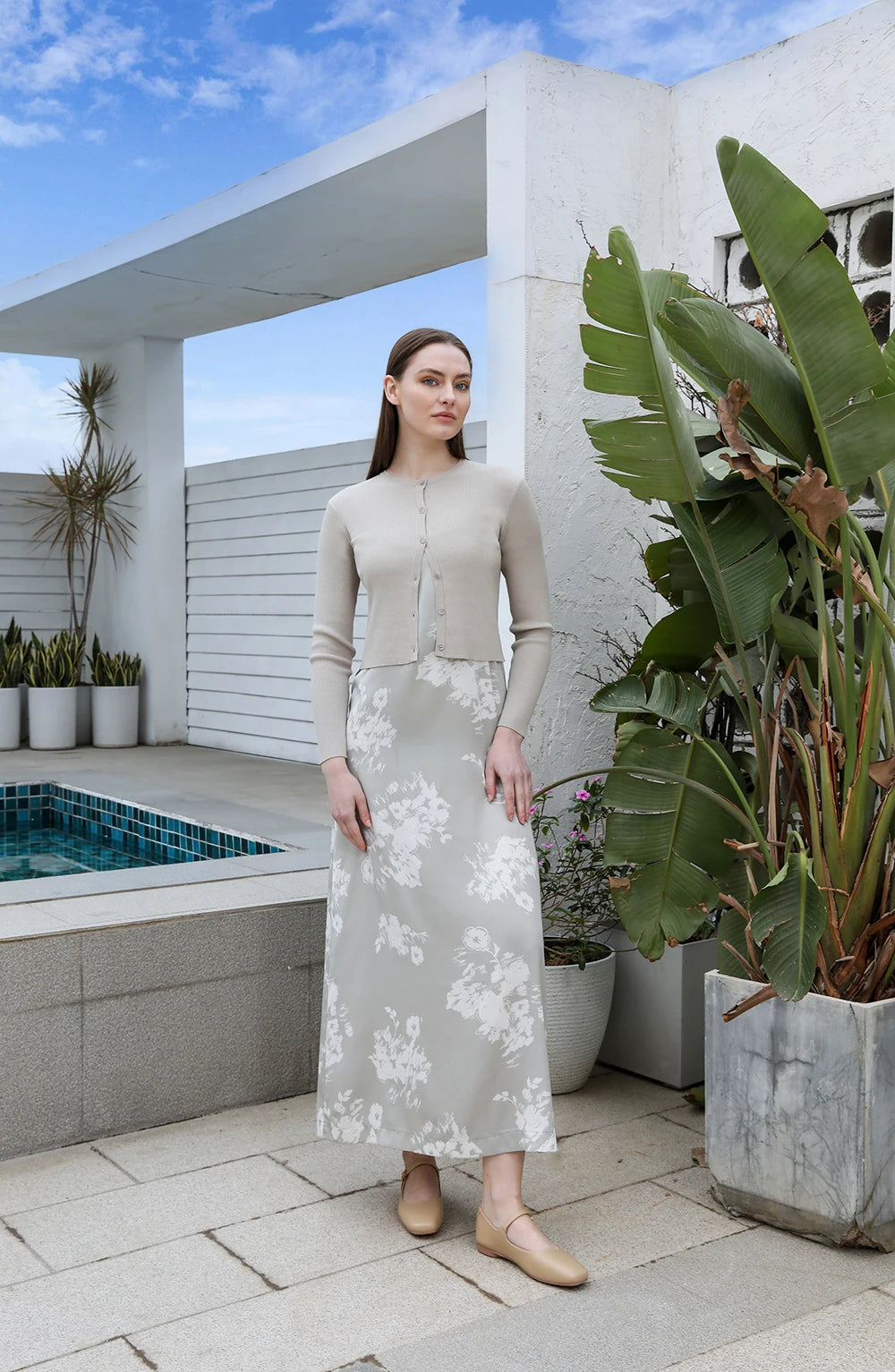 AP 2025 Spring and Summer Women Floral Printing Satin Slip Dress Knitting Cardigan Fashion