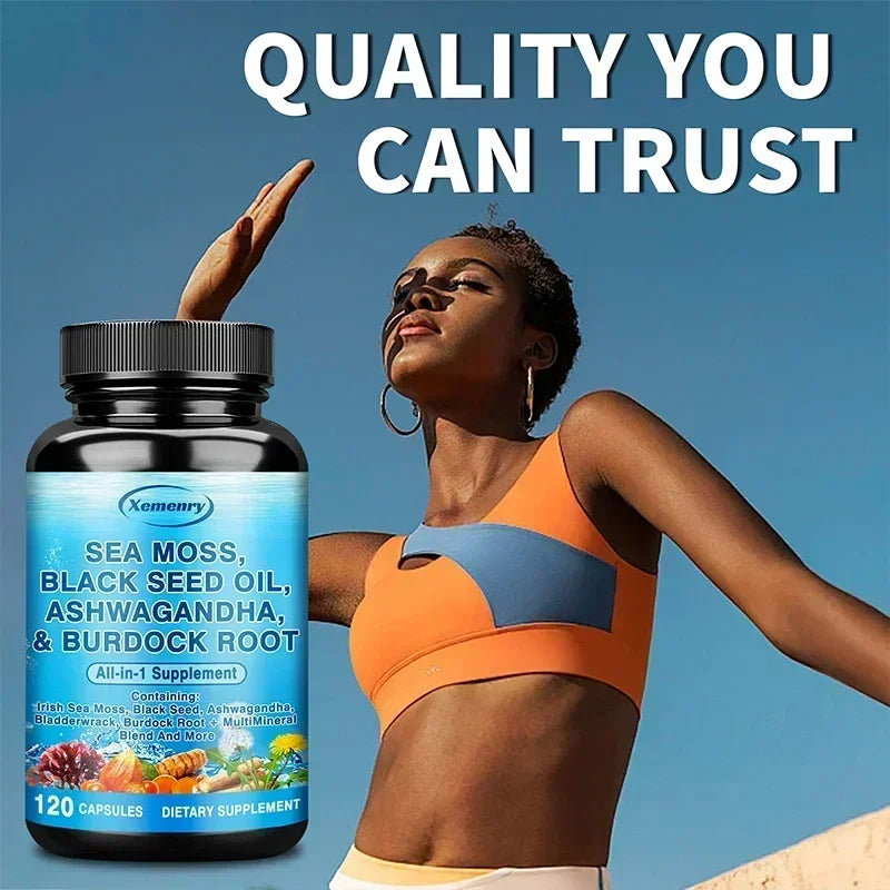 Sea Moss, Black Seed Oil, Ashwagandha & Burdock Root - Supports Bone, Joint & Digestive Health, Boosts Natural Energy, Immunity