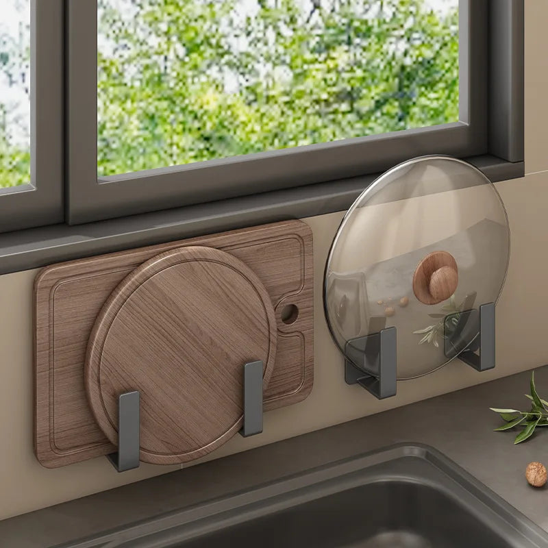 No-Drill Pot Lid Holder - Wall Mounted Kitchen Organizer, Multi-Functional Cutting Board Storage & Cookware Shelf
