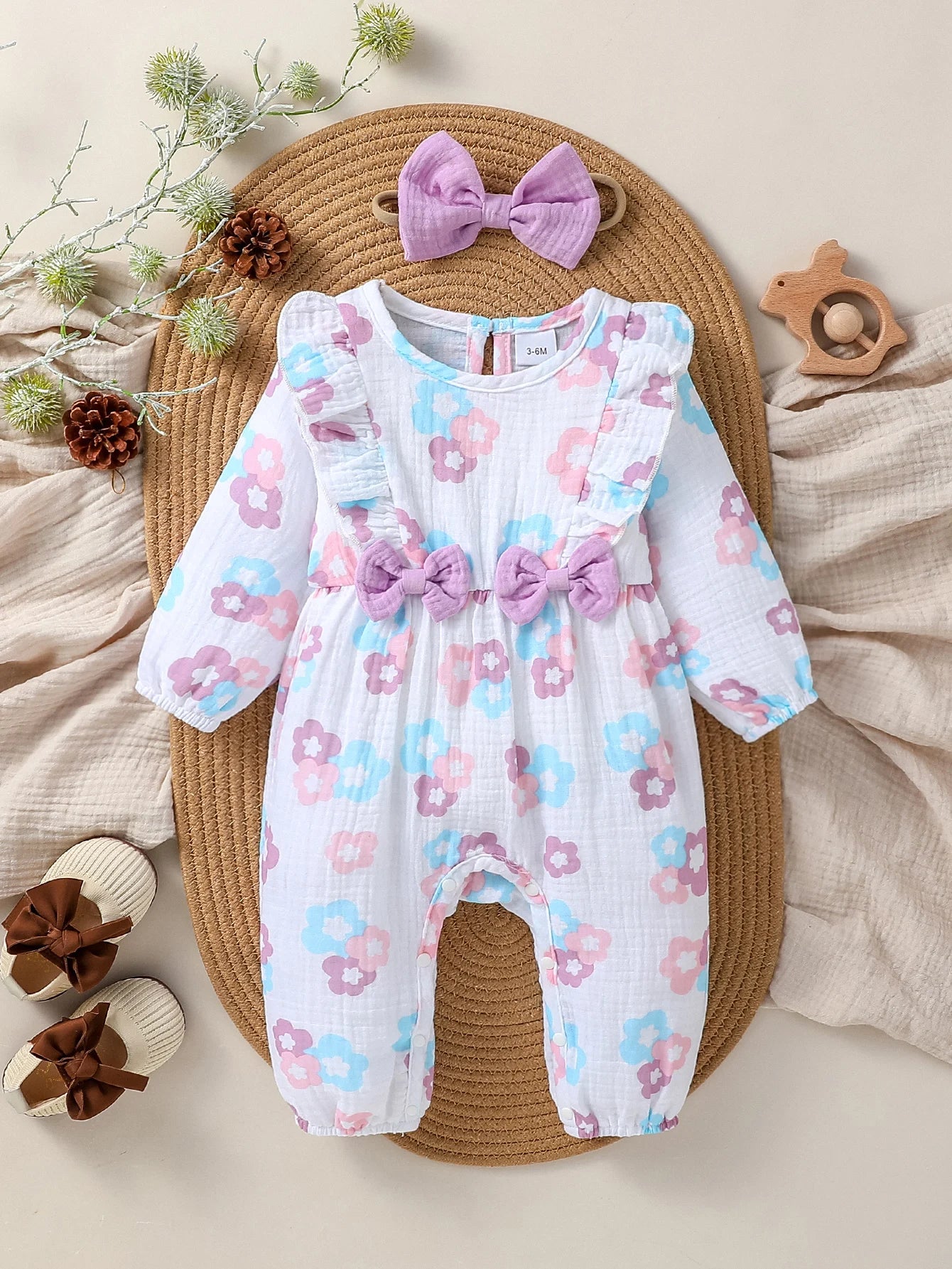 Baby Girls Cotton Soft Spring/Fall Long Sleeve Print Floral With Bow Jumpsuit Honey Cute Clothes +Headband