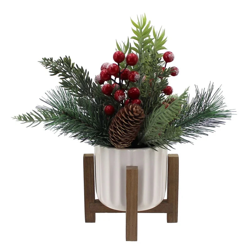 11" Artificial Christmas Tabletop Tree Red Berries Pine White Ceramic Planter Wooden Stand Holiday Home Decoration Indoor Use