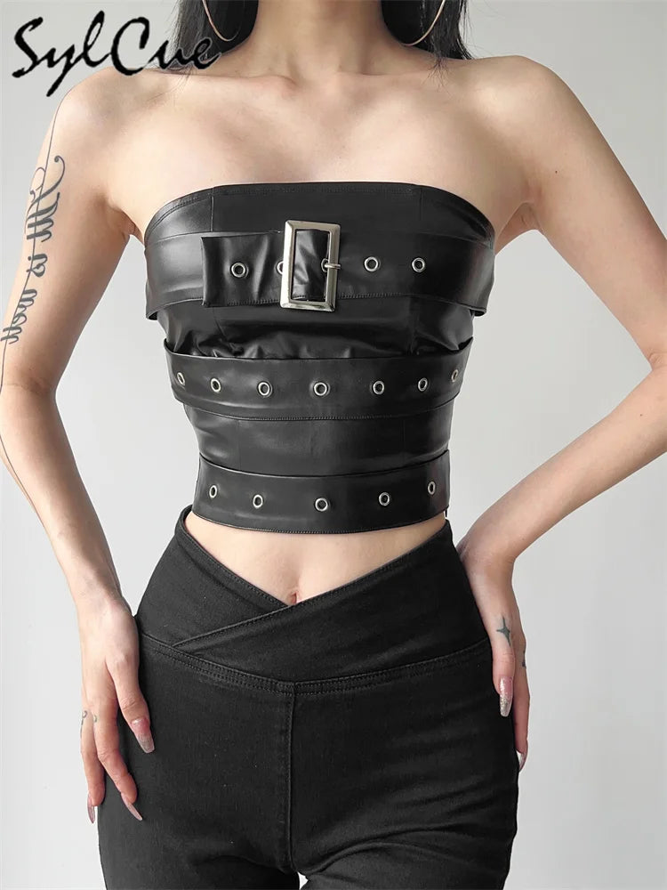 Sylcue Classic Retro Matte Black Mysterious Sexy All-Match Personality Fashionable Summer Travel Cool Women Belt Chest Wrap Vest