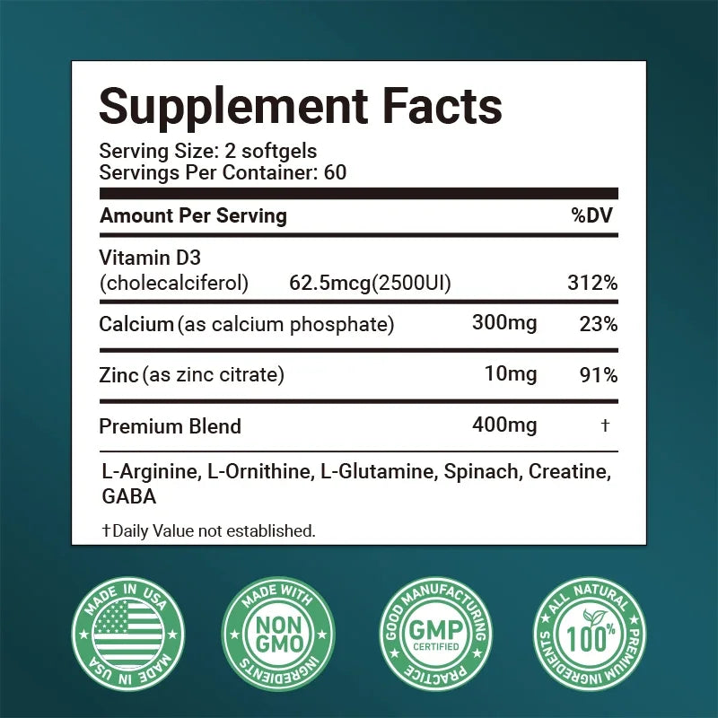 Height Gaining Supplement - Calcium L-Arginine Vitamin D3 Zinc Supplement - Promotes Bone Growth - Helps Natural Height Growth