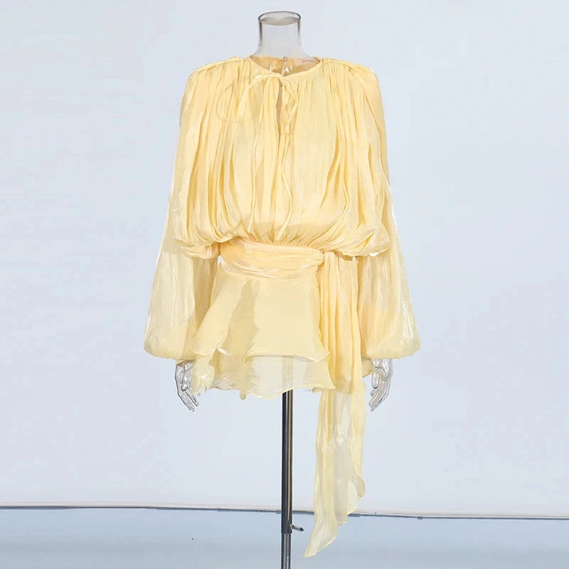 TWOTWINSTYLE Solid Patchwork Lace Up Blouse Mini Dresses For Women V Neck Long Sleeve Sweet Style Dress Female Clothing Fashion