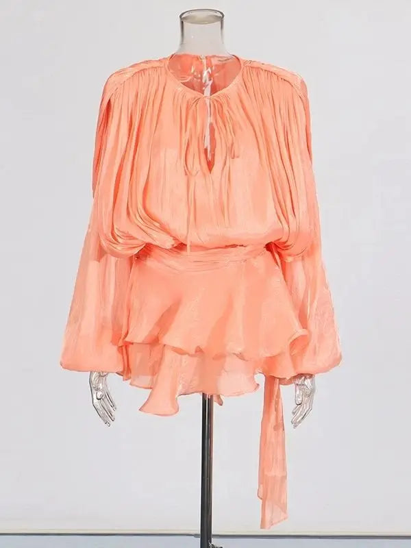 TWOTWINSTYLE Elegant Ruched Mini Dress For Women Round Neck Lantern Long Sleeve High Waist Temperament Dresses Female Fashion