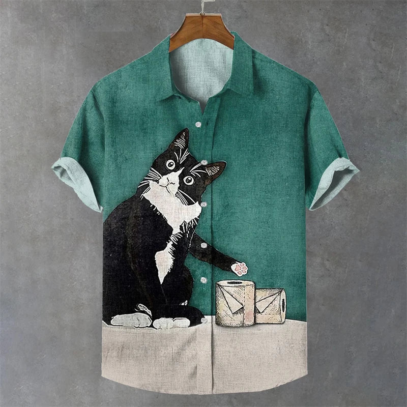 Summer Men's Shirt Animal Graphic Print Cat Shirts Casual Short Sleeve Streetwear Fashion Male Oversized Clothing Funny Blouse