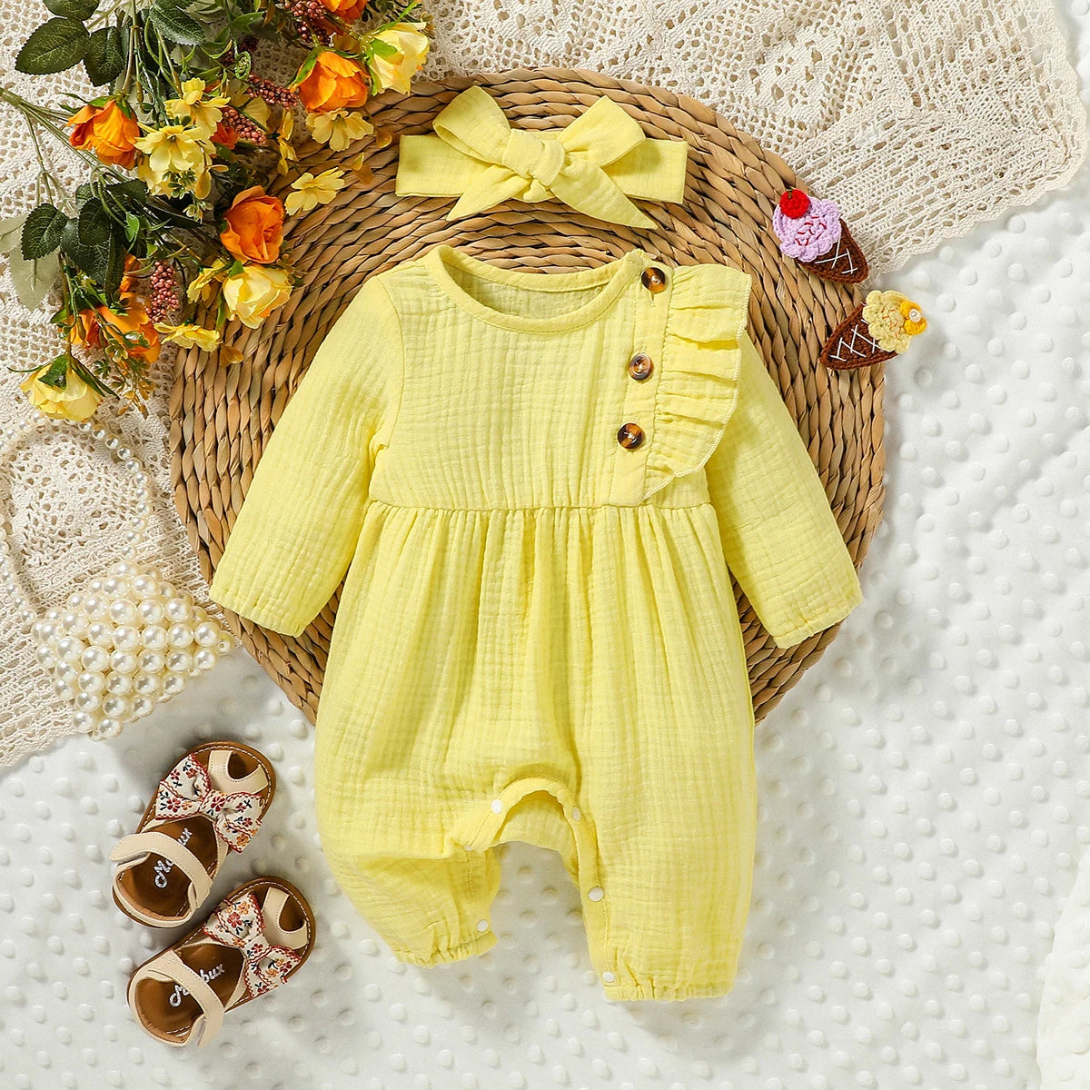 Girls Soild Cotton Long Sleeve With Button Baby Summer&Spring Streetwear Bodysuit
