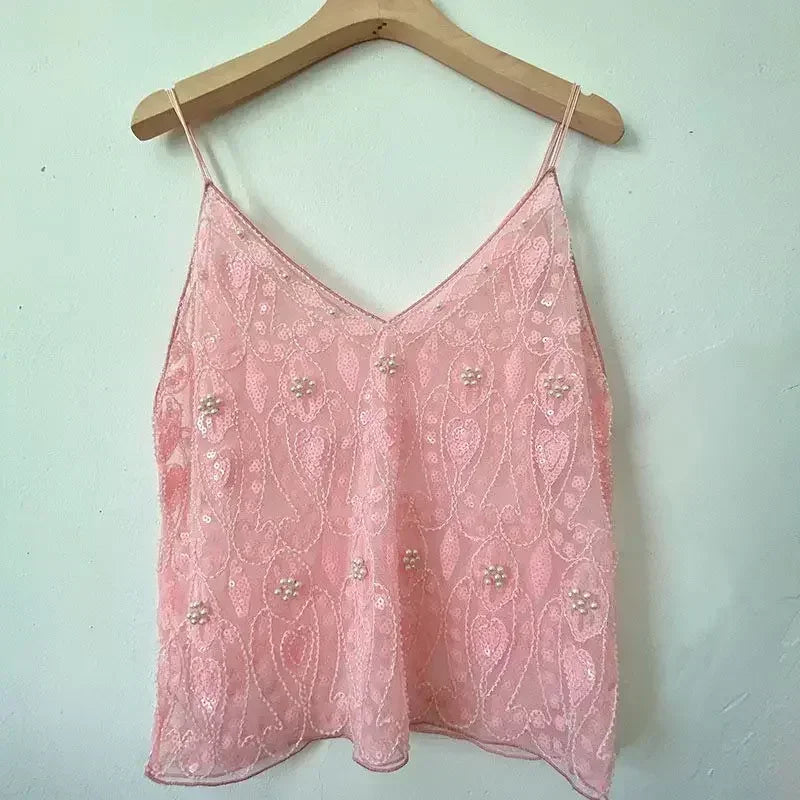 2025 Women's Summer High Quality Sequin Bead Sexy Sling Slim Fit Short V-neck Straight Tank Top Korean Fashion Clothing