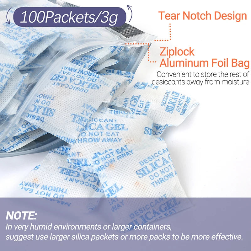 3g x100 Packs Package Non Toxic Silica Gel Desiccant Damp Kitchen Room Living Moisture Dehumidifier Absorber Bag